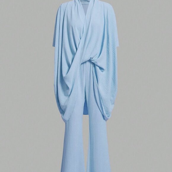 Blue Elegant Women's Loose Comfortable Texture Style Women Top And Pants Set - Picture 4 of 4